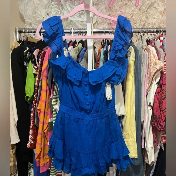 Chelsea & Violet Cassia Guaze Square Neck Ruffle Hem Romper, Blue, SMALL NWT - Picture 4 of 5